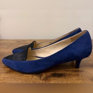 Leather Navy and Black Suede Pointed-Toe Kitten Heels